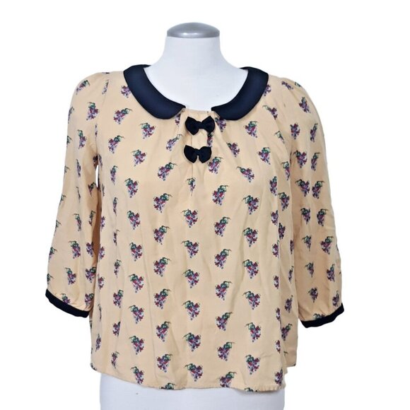 Etam Paris Weekend Blouse Womens US 8 Yellow Floral Peter Pan Collar Euro 38 - Picture 1 of 4